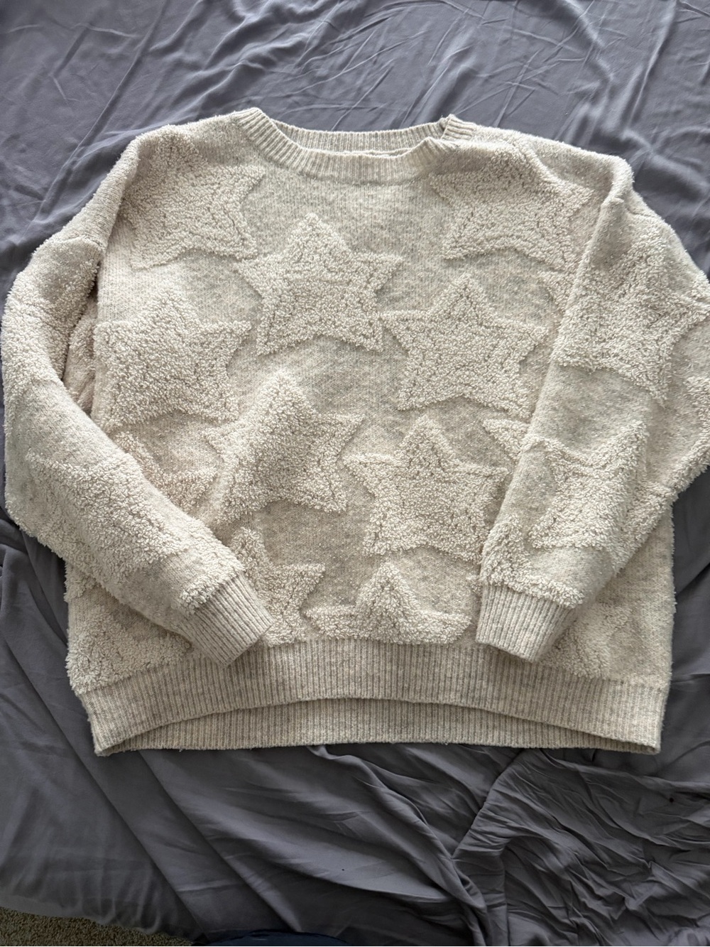Cozy Star-Pattern Fuzzy Crewneck Sweater - Cream